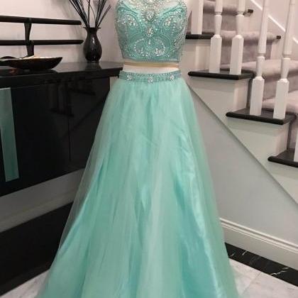 Light Blue High Neck Prom Dress,two Pieces Beaded..