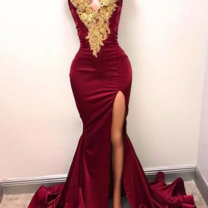 Burgundy Mermaid Golden Lace Prom Dress,long..