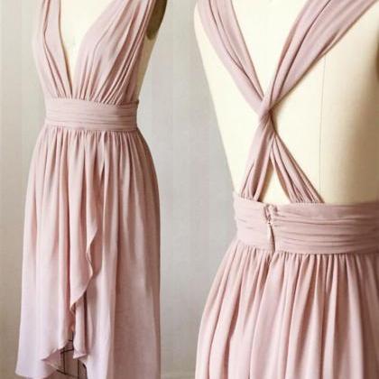 Simple Pink V Neck Homecoming Dress,chiffon Short..