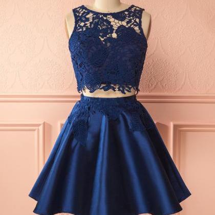 Cute Navy Two-piece Lace Homecomig Dress,sleevess..