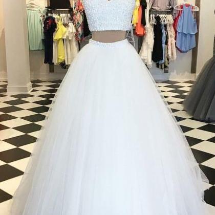 Charming White V-neck Two-piece Prom Dress,tulle..