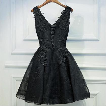 V-neck Black Lace Short Prom Dresses,Black Lace Hoco Dresses,A-Line ...