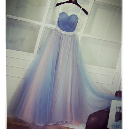 Sweetheart Tulle Blue Long Prom Dress,beaded Waist..
