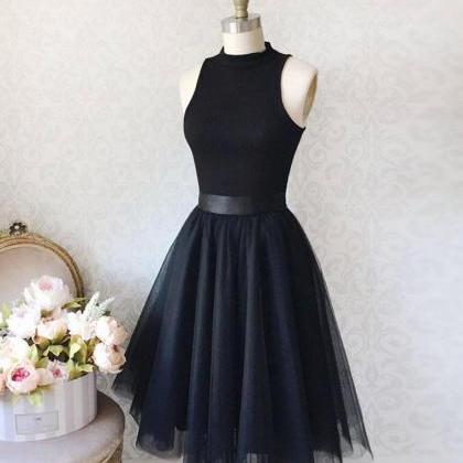 Cute Black Tulle High Neck Sleeveless Homecoming..