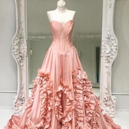 Unique Sweetheart Pink Satin Prom Dress,pink..