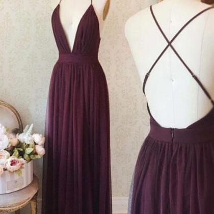 Simple Deep V-neck Purple Prom Dress,long Backless..