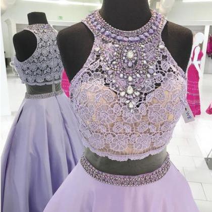 Elegant Lavender Lace Beaded High Neck Prom..