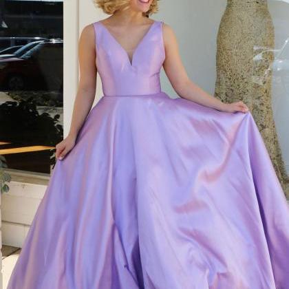 Charming Lilac Satin V-neck Long Prom Dress,lilac..