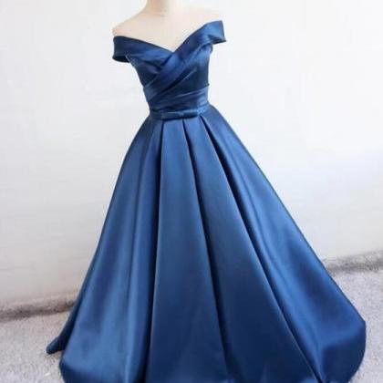 Navy Blue Off Shoulder Satin Long Prom Dress,prom..