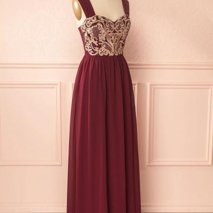 Simple Burgundy Chiffon Embroidery Long Prom..
