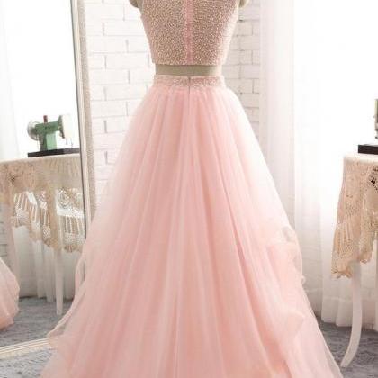 Charming Pink Two Piece Beaded Sequins Prom..
