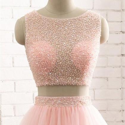 Charming Pink Two Piece Beaded Sequins Prom..