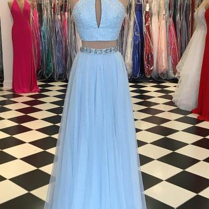 Light Blue Beaded High Neck Two Piece Prom..