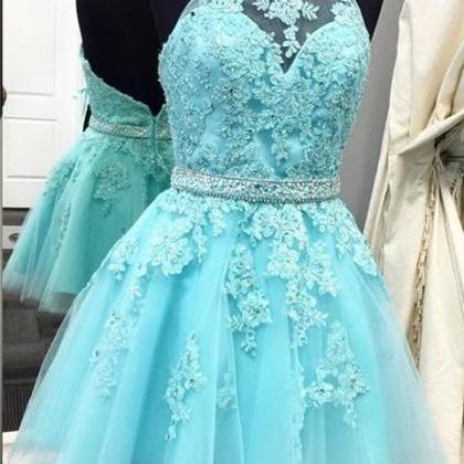 Cute Light Blue High Neck Tulle Homecoming..
