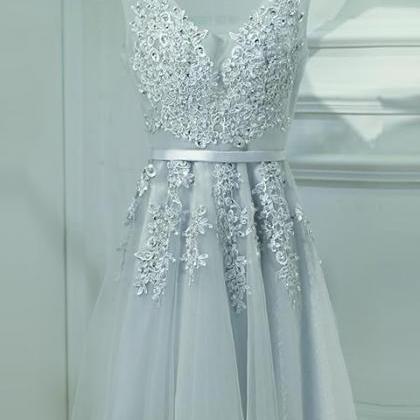 Gray V-neck Applique Party Dress,a-line Bridesmaid..