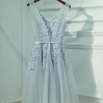 Gray V-neck Applique Party Dress,a-line Bridesmaid..