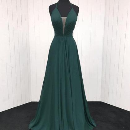 Simple Dark Green V-neck Chiffon Prom Dress,a-line..