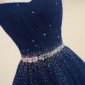 Navy Blue Tulle Off The Shoulder Long Prom..