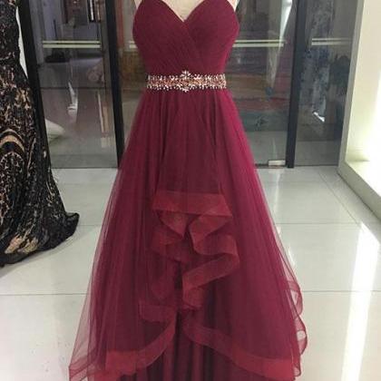 Sexy Burgundy V-neck Tulle Prom Dress,spaghetti..