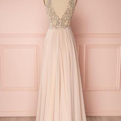 Pink V-neck Beaded Sequins Prom Dress,a-line..