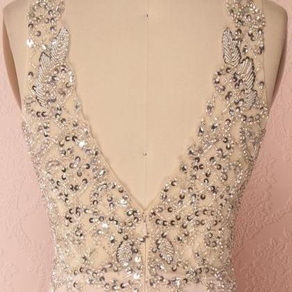Pink V-neck Beaded Sequins Prom Dress,a-line..