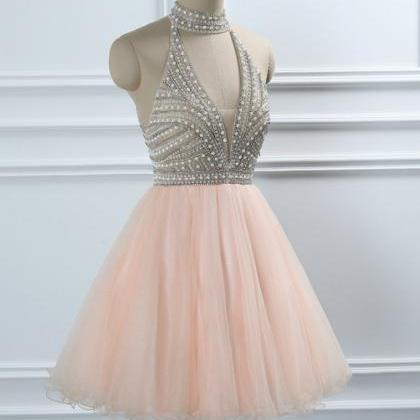 Coral Halter Backless Crystal Beading Tulle..