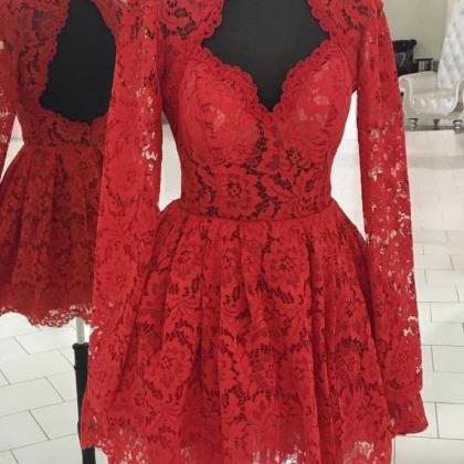 Red Lace High Neck Homecoming Dress Long Sleeves..