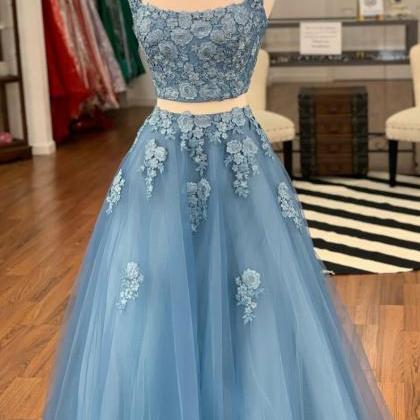 Blue Two Pieces Straps Lace Prom Dress,tulle..