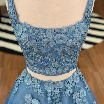 Blue Two Pieces Straps Lace Prom Dress,tulle..
