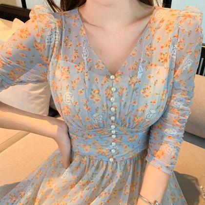 French Floral Long Sleeve Fairy Dress 4052
