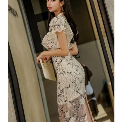 Crew Neck Ruffle Sleeves Slim Fit Printed Lace..