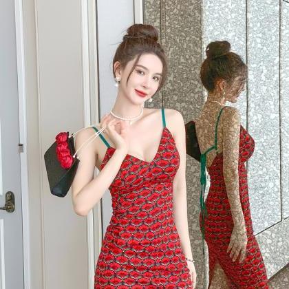 Knitted Print Suspender Dress V Neck Pattern Dress..