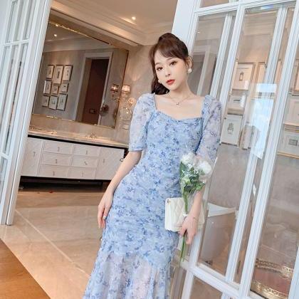 2022 chic long square collar Floral..