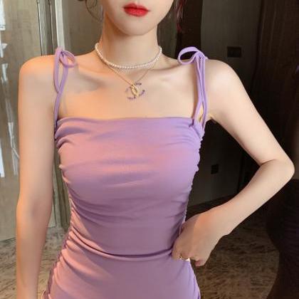 Sexy Folds Purple Straps Dress 3935