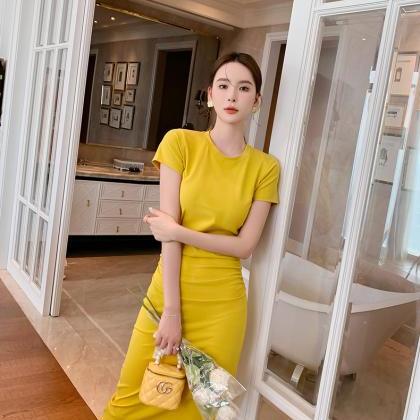Yellow Side Pleats Elastic Party Dress 4944