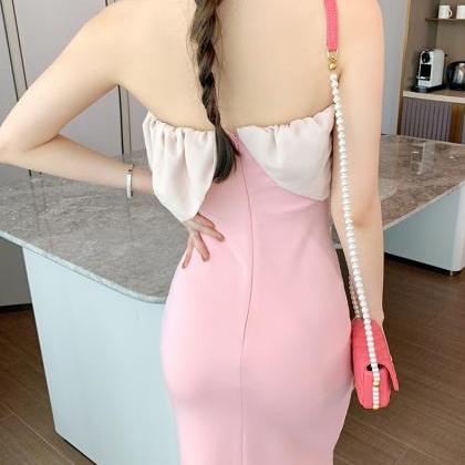Strapless Ruffles Pink Vacation Dress 4851