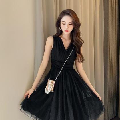 V-neck A-line Sleeveless Black Tulle Dress 5135