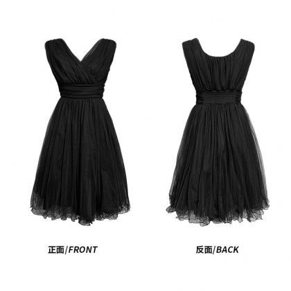 V-neck A-line Sleeveless Black Tulle Dress 5135
