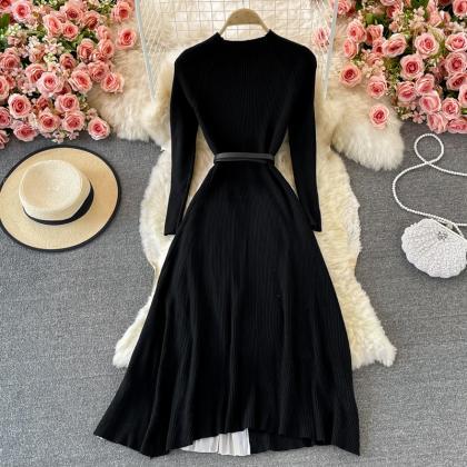 Black Long Sleeve Fake Two Piece Knit Pleated..