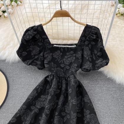 Puff Sleeve Jacquard Square Neck Princess Dress