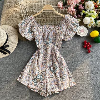 Floral Square Neck Smocked Romper Puff Sleeve Wide..