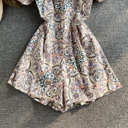 Floral Square Neck Smocked Romper Puff Sleeve Wide..