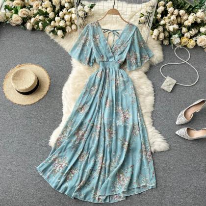 Seaside Floral V-neck Long Resort Dress