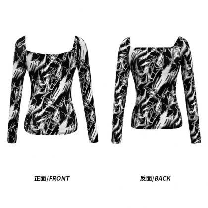 Contrast Color Rendering T-shirt Square Neck Top..