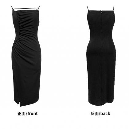 French Suspenders Black Pleated Slit Dress 9472