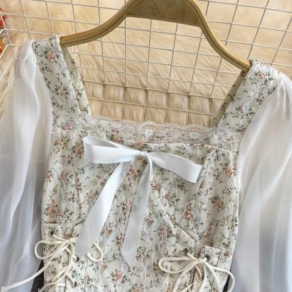 Lace Square Neck Floral Drawstring Shirt