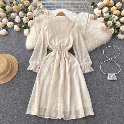 Ruffled Long Sleeve Bow Embroidered Dress