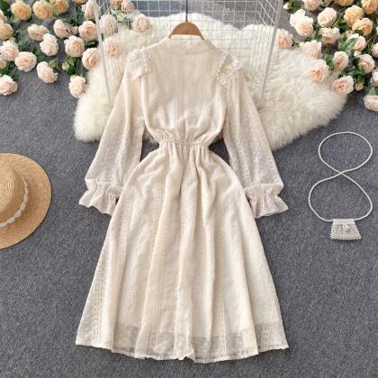 Ruffled Long Sleeve Bow Embroidered Dress