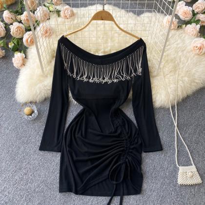 Sexy Fringed Black Long Sleeve Dress