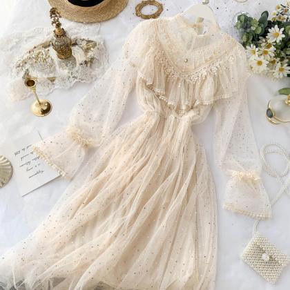 French Sequined Beaded Long Sleeve Tulle Dress